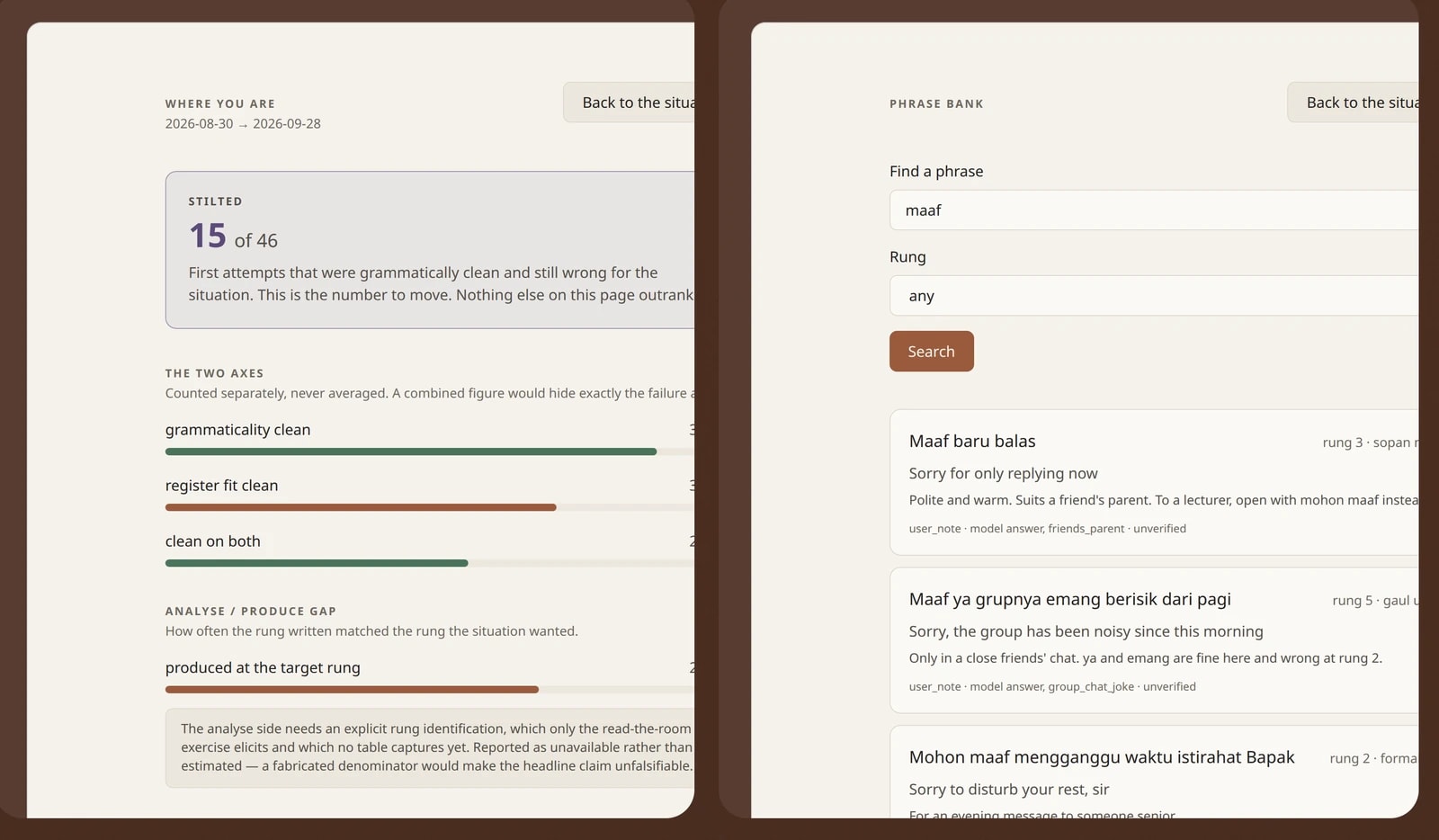 Close-ups of the progress page, with grammar and register counted separately, and the phrase bank search.
