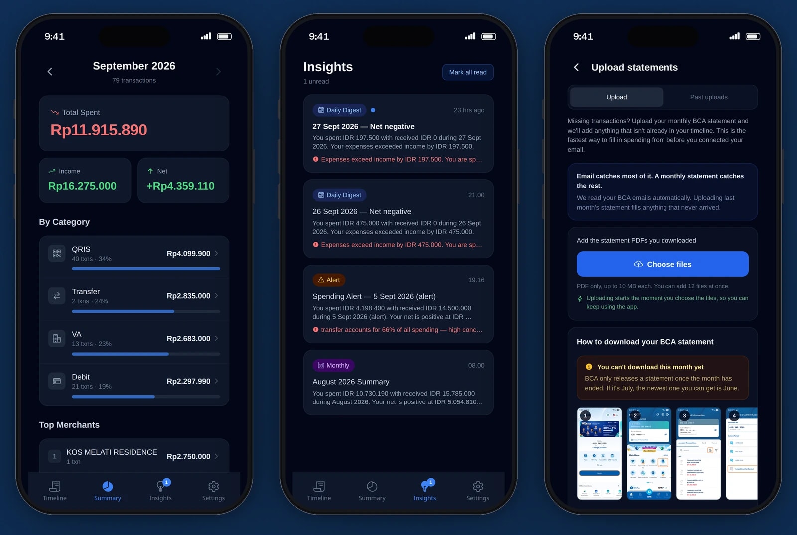Three phones show the monthly summary by category and merchant, the insights feed and the statement upload screen.