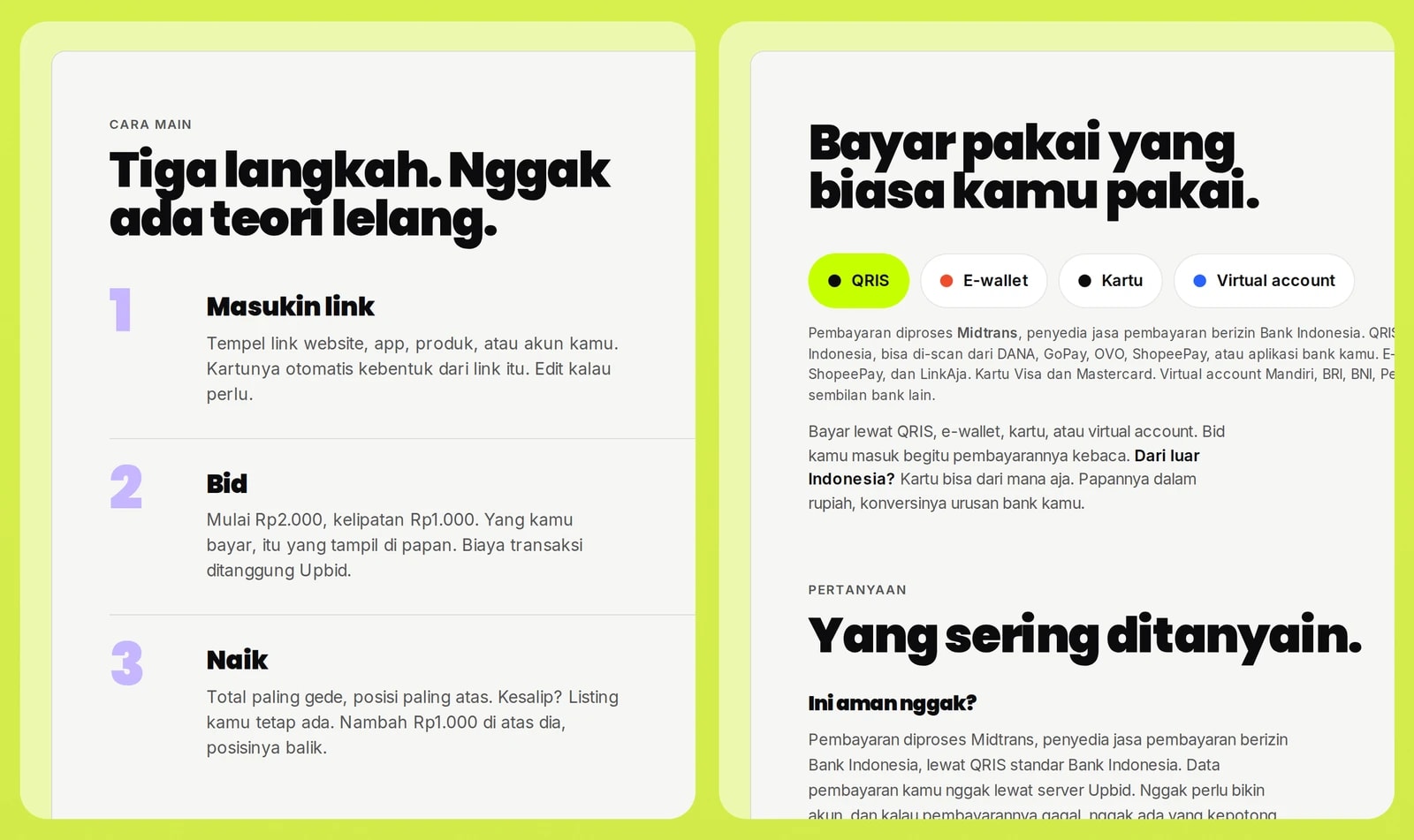 Close-ups of the three steps to play and the payment methods: QRIS, e-wallet, card and virtual account.