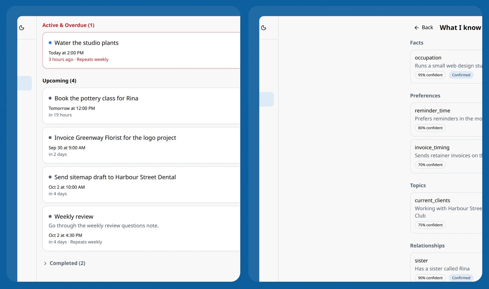 Close-ups of the reminders list and the page of facts and preferences the app has learned, each with its confidence.