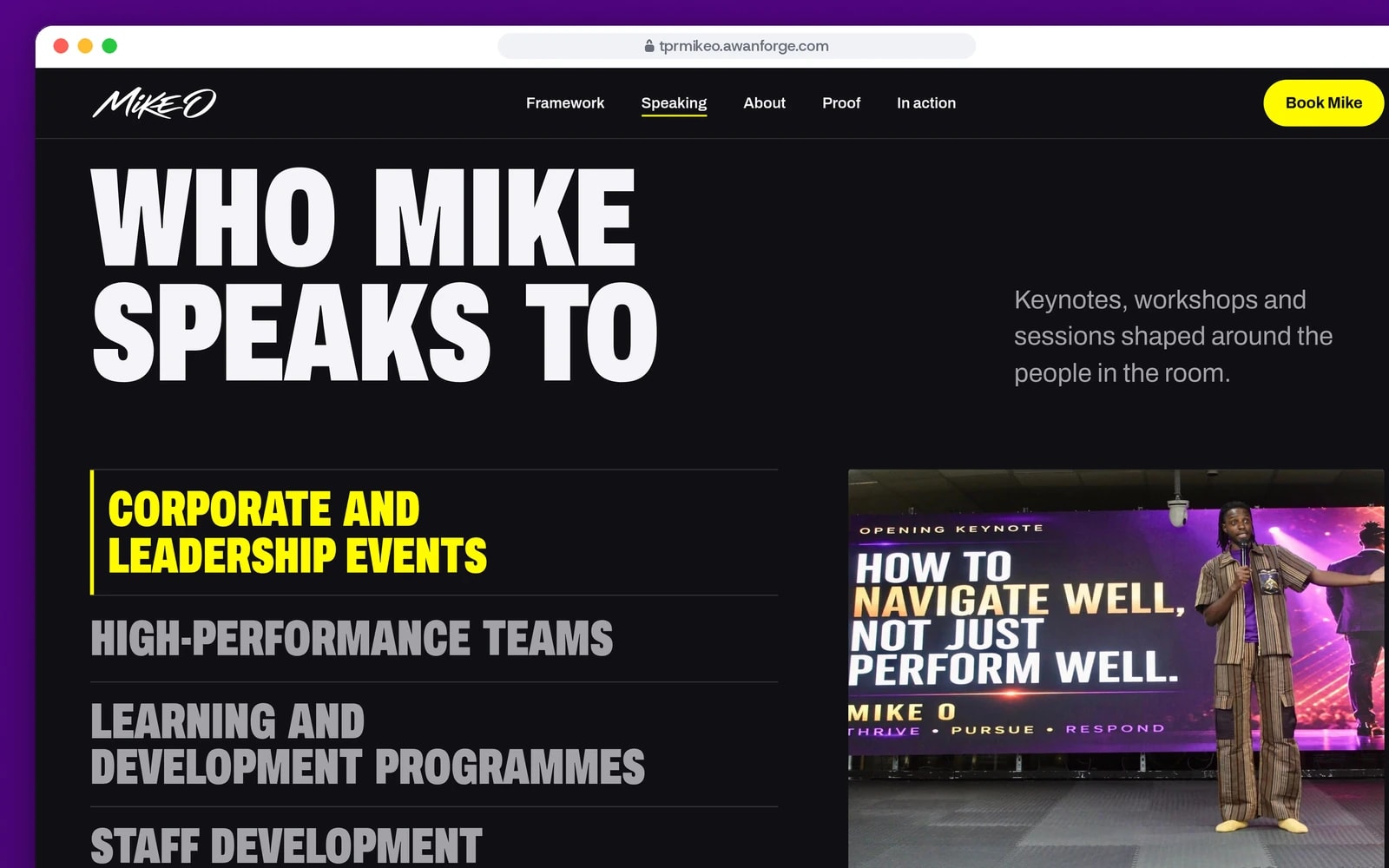 A browser window shows the section headed Who Mike speaks to, with Corporate and leadership events selected in the list of audiences and a photograph of Mike on stage beside it.