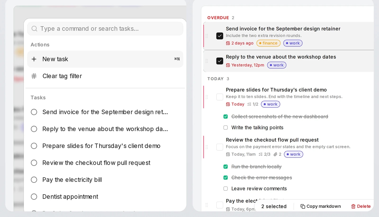 Close-ups of the command palette and of bulk select, with two tasks selected and a button to copy them as markdown.