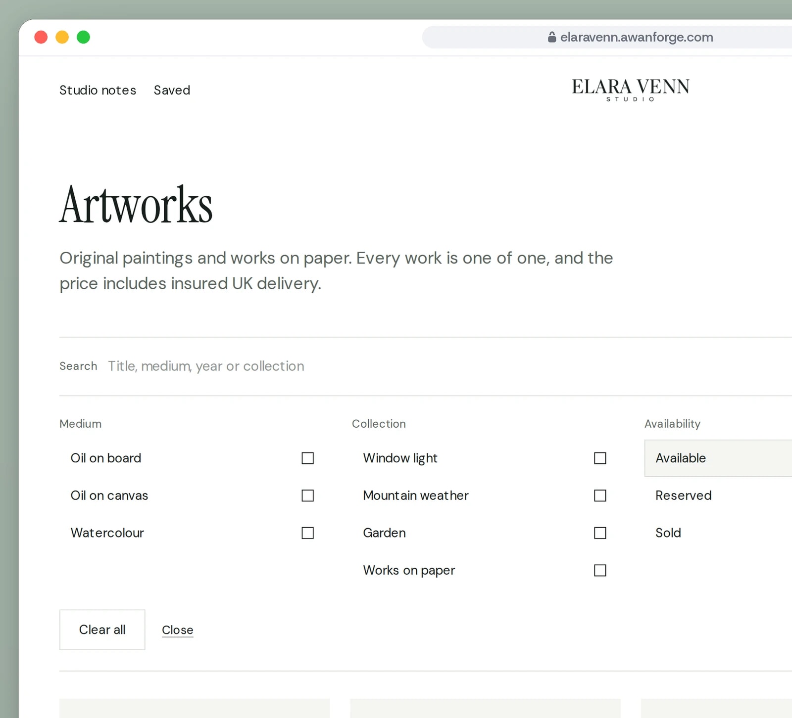 A browser window shows the Artworks catalogue with the filter panel open, Available ticked and 15 of 20 works listed.