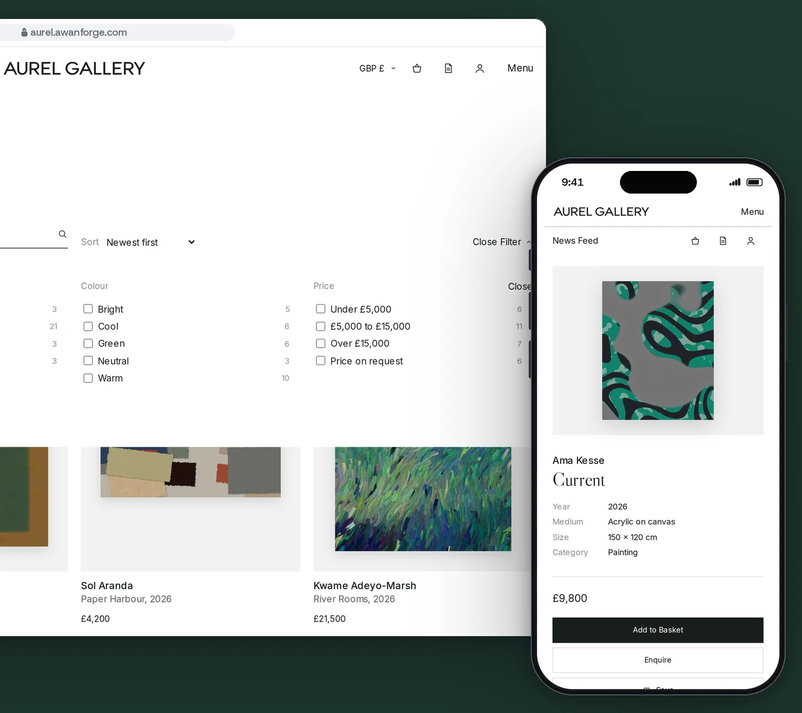 A browser window shows Collect art online with filters open for artist, medium, colour and price, beside a phone showing Current by Ama Kesse at £9,800.