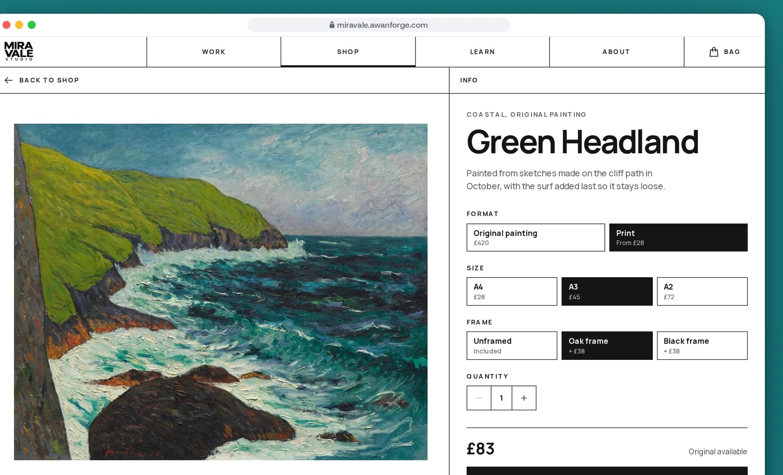 A browser window shows the Green Headland product page with Print, A3 and Oak frame selected, a price of £83 and the Add to bag button.