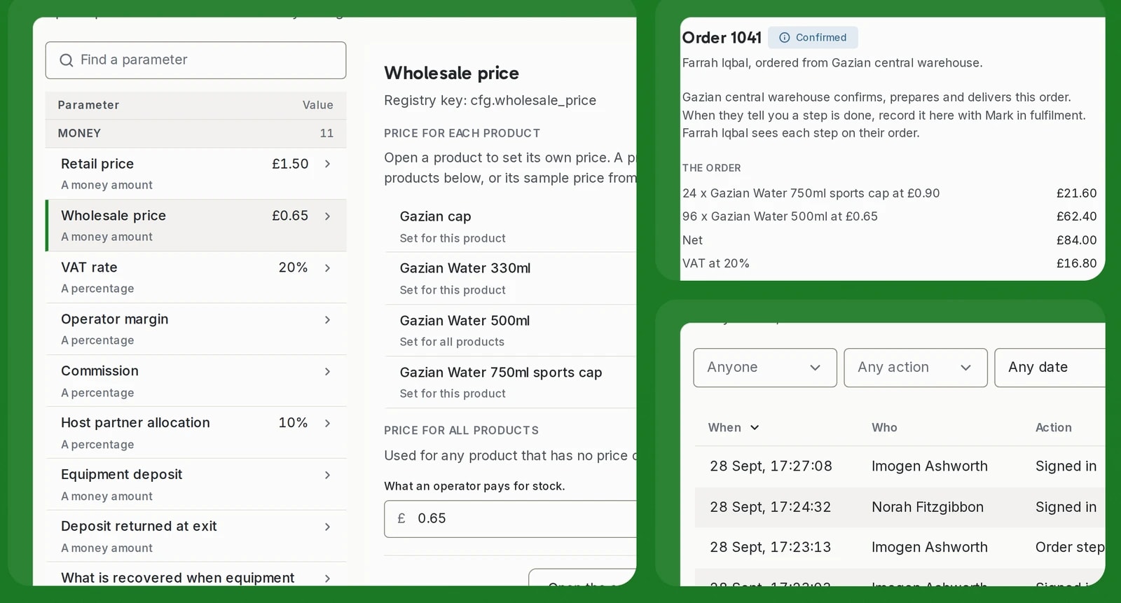 Close-ups of the rules registry with the wholesale price, an order record and the audit timeline.