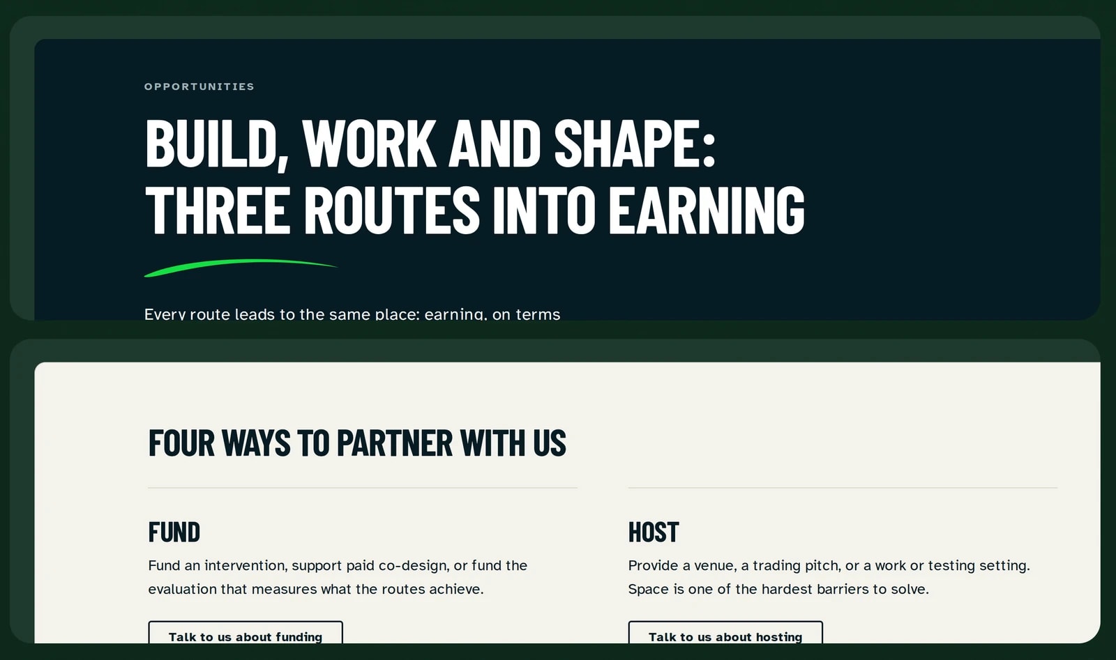 Close-ups of the section on the three routes into earning and the four ways to partner.