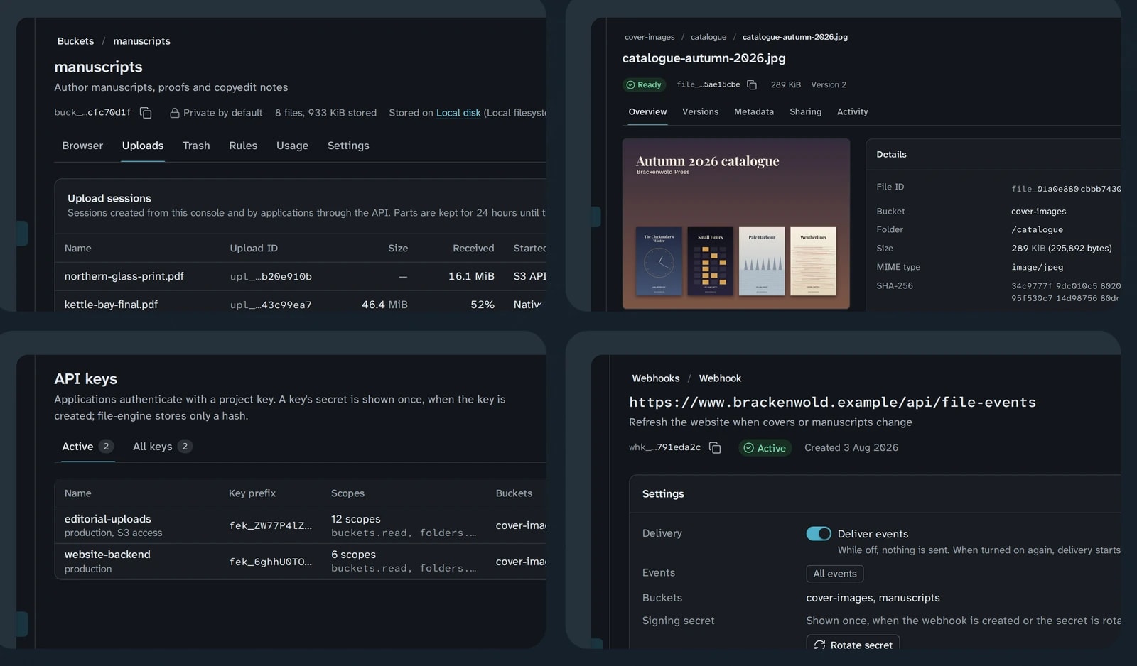 Four close-ups show resumable upload sessions, a file's details and versions, scoped API keys and webhook deliveries.