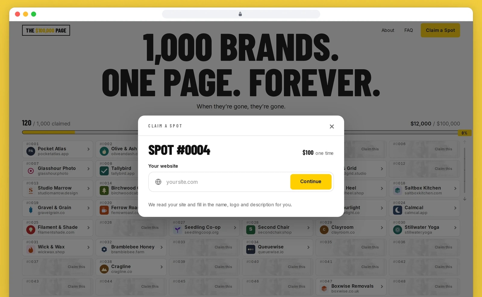 A browser window shows the claim form for one spot, with a website field and a Continue button.