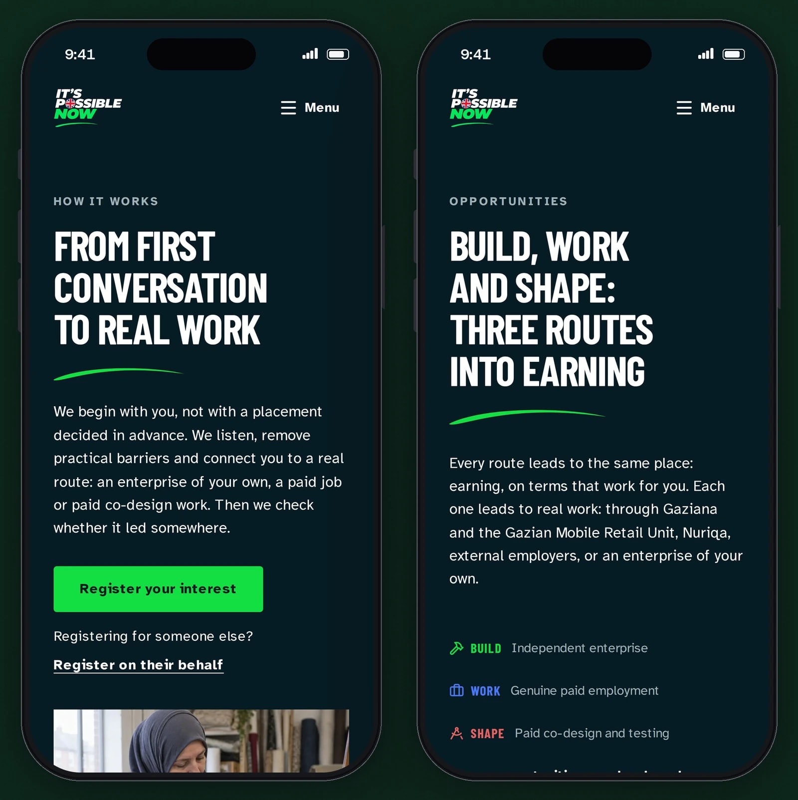 Two phones show the home page and the opportunities page in a single column.