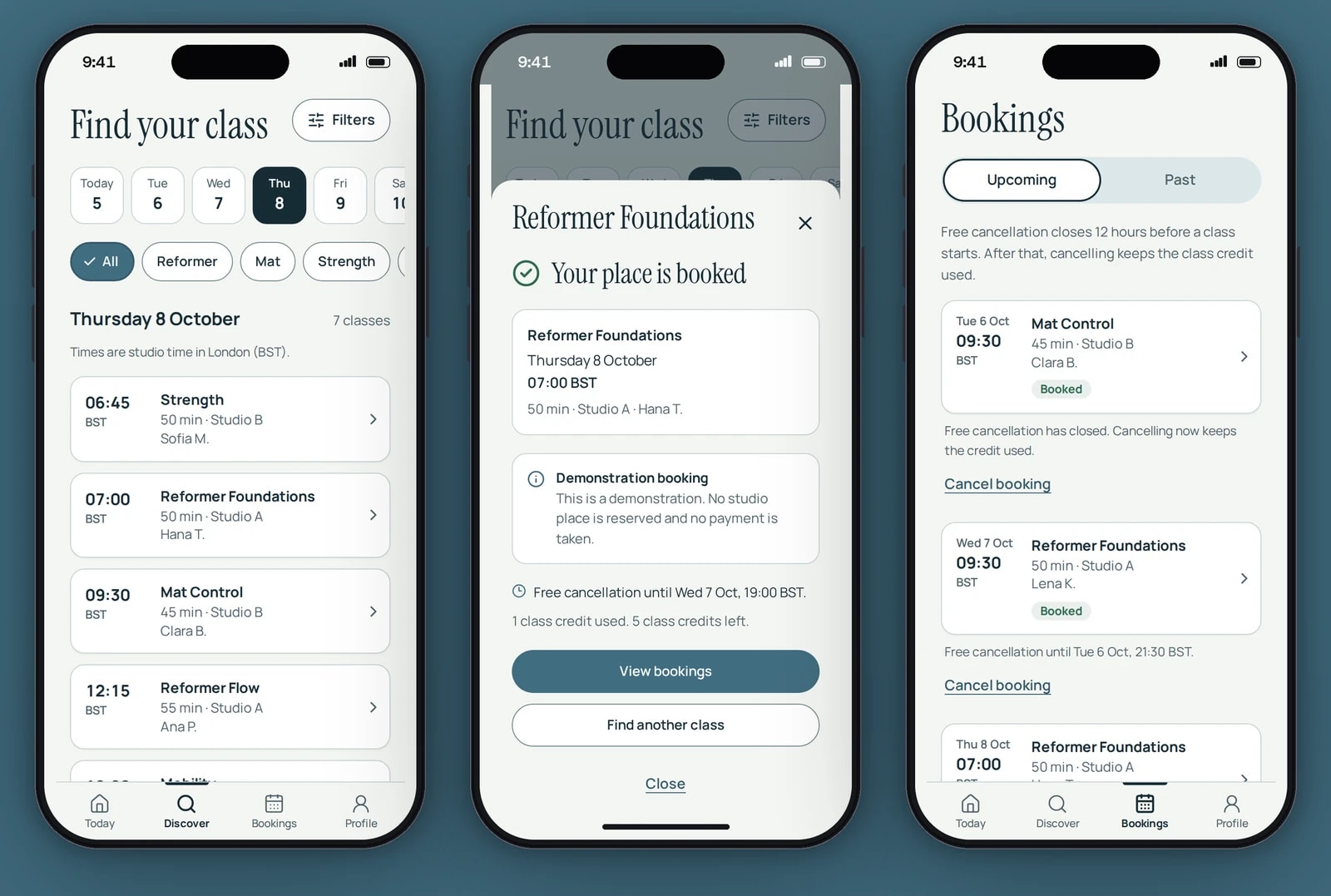 Three phones show the Discover screen with a date strip and the day’s classes, the booking confirmation with its demonstration notice and free cancellation time, and the Bookings list with each class’s cancellation rule.