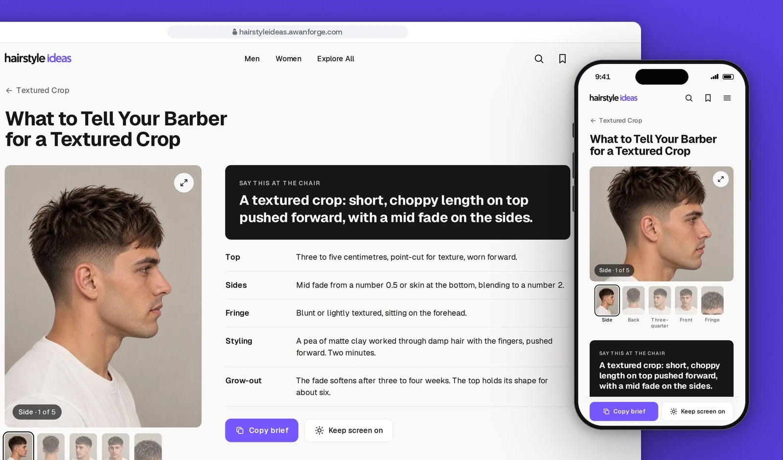 A browser window shows What to Tell Your Barber for a Textured Crop, the sentence to say at the chair above the top, sides, fringe, styling and grow-out, beside a phone showing the same brief.