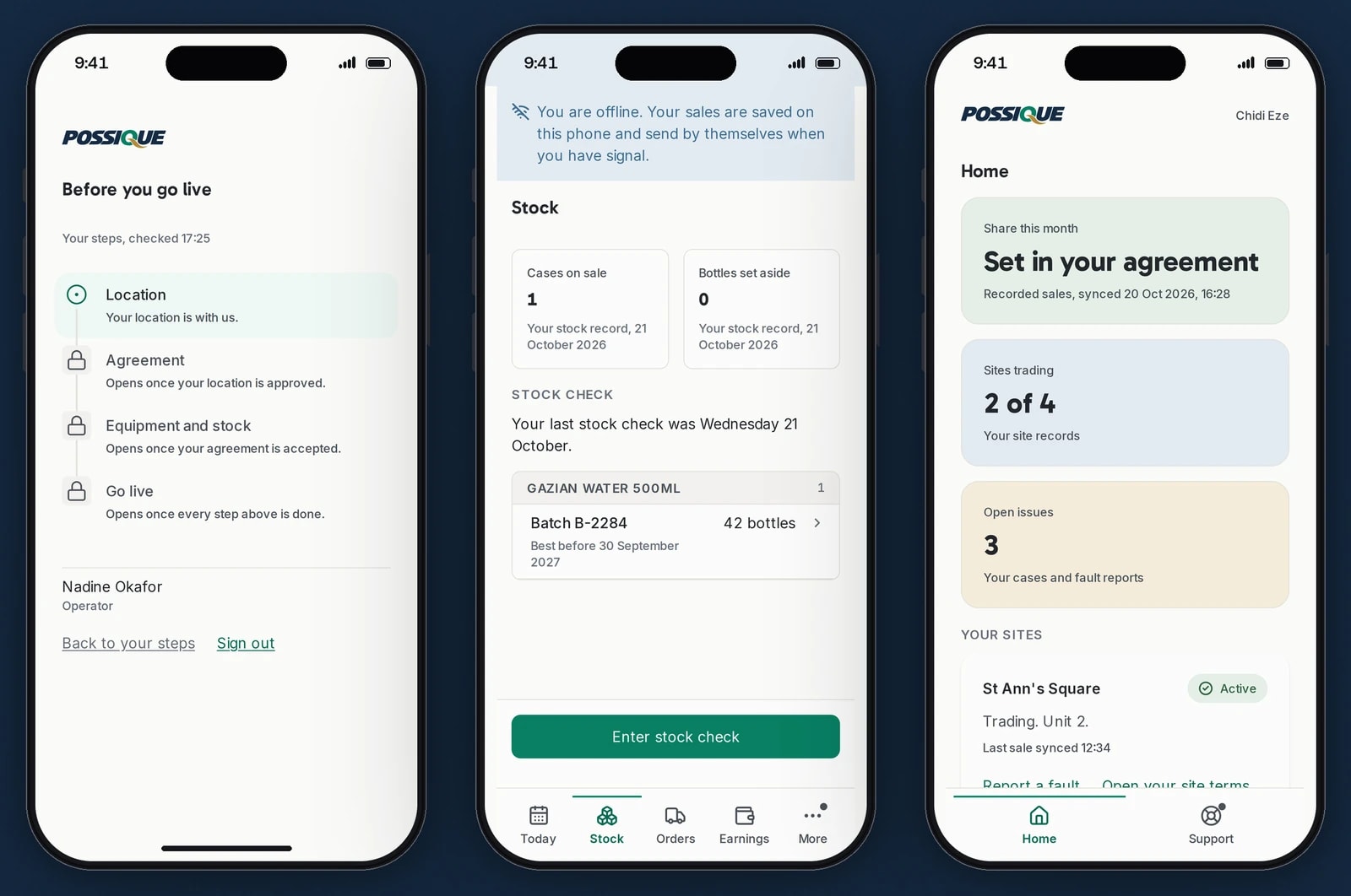 Three phones show an operator's steps before going live, an operator's stock screen while offline, and a host partner's home with sites trading and open issues.