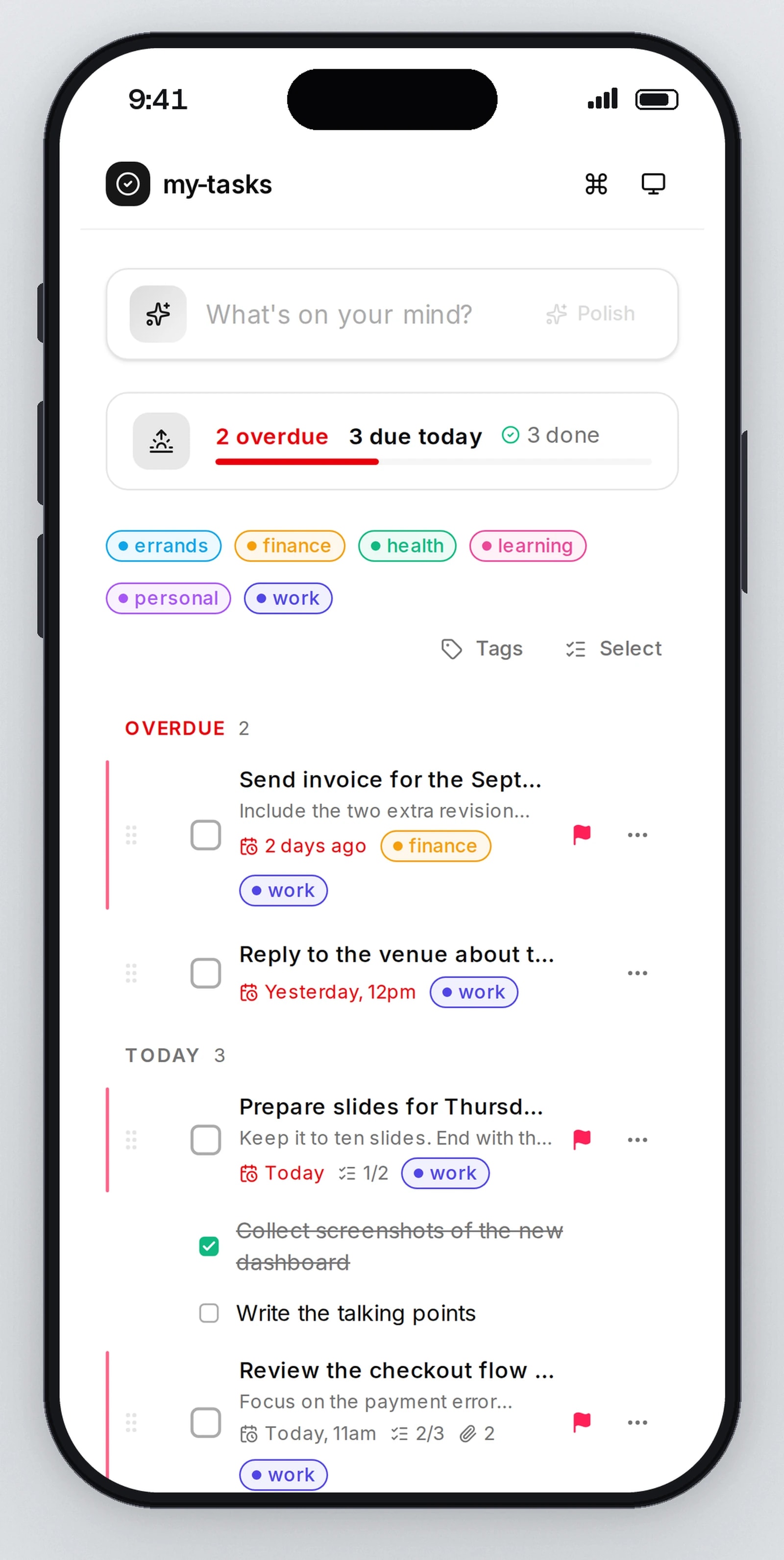 A phone shows the task list with its overdue and today groups and tag filters.