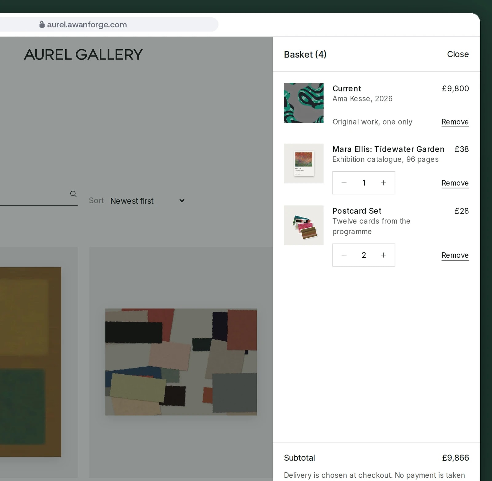 A browser window shows the basket drawer over the catalogue, holding Current by Ama Kesse, the Tidewater Garden catalogue and two postcard sets, with a subtotal of £9,866.