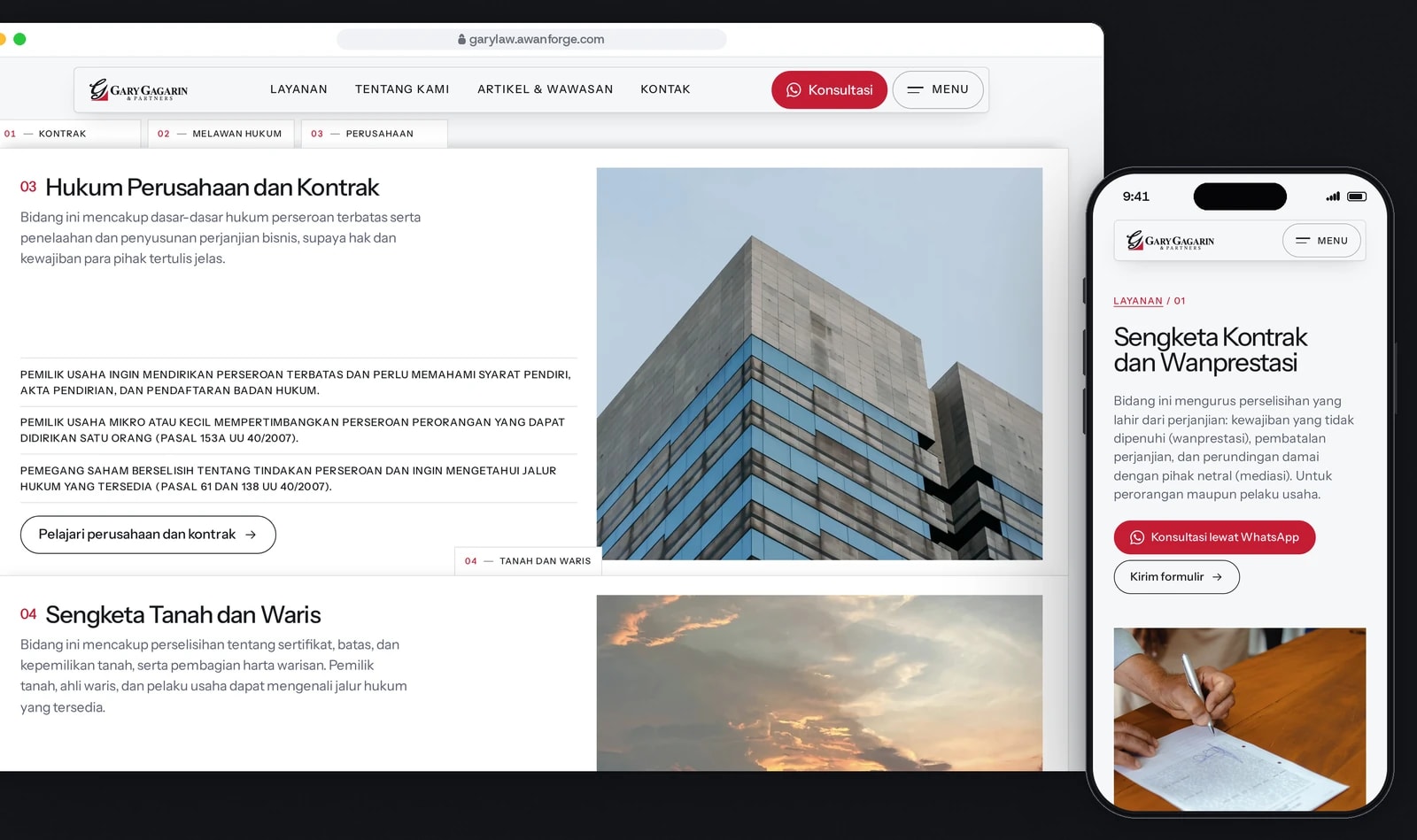 A browser window shows the service cards for contract law, unlawful acts and company law stacked under numbered tabs, with the land and inheritance card rising below, beside a phone showing the page Sengketa Kontrak dan Wanprestasi.