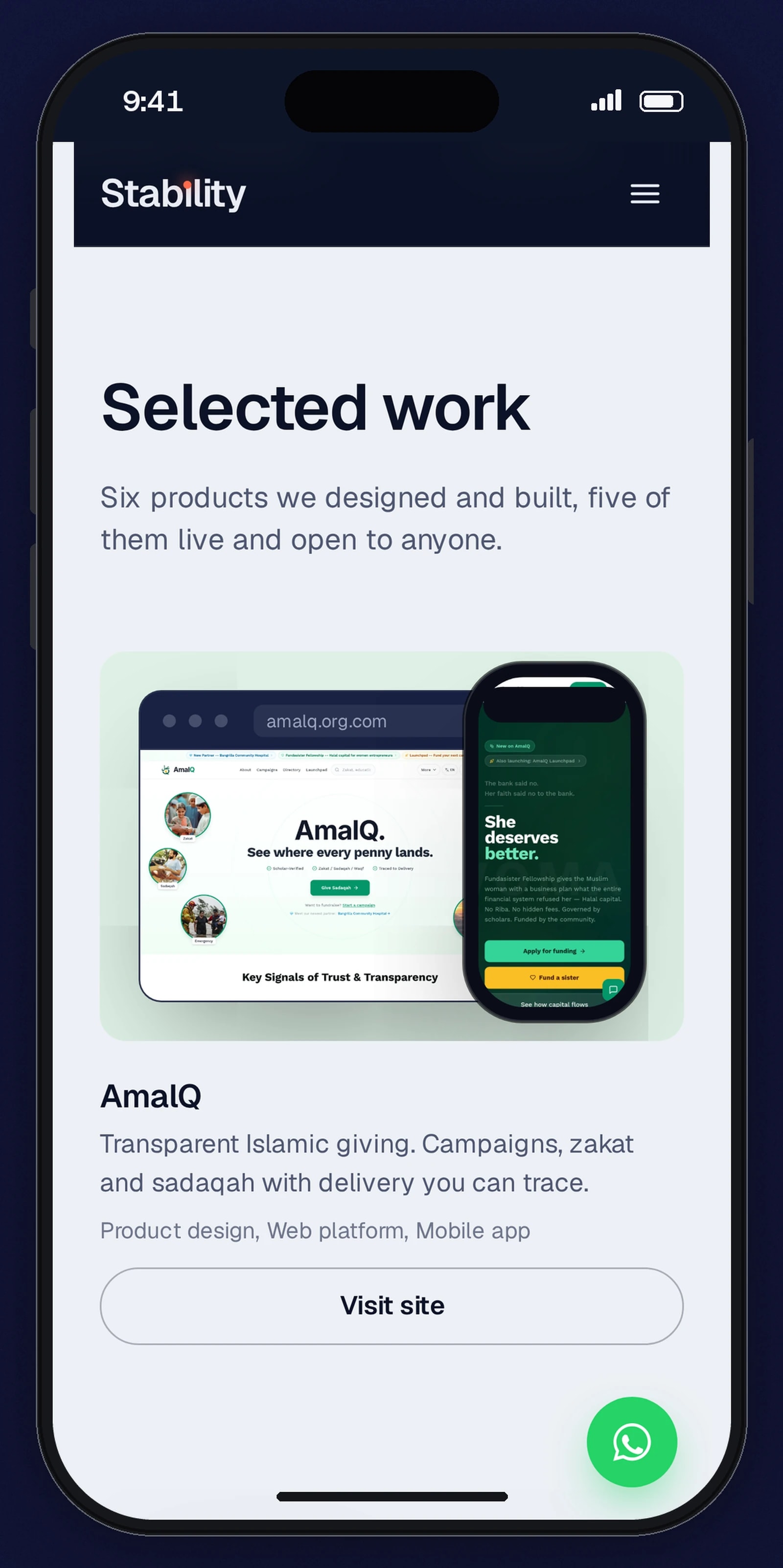 A phone shows the Selected work section in one column.
