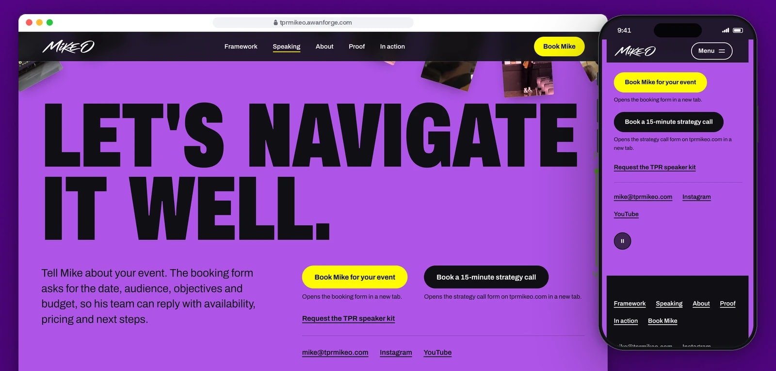 A browser window shows the booking section headed Let’s navigate it well., with the buttons Book Mike for your event and Book a 15-minute strategy call, beside a phone showing the same buttons, the speaker kit link and the contact links.
