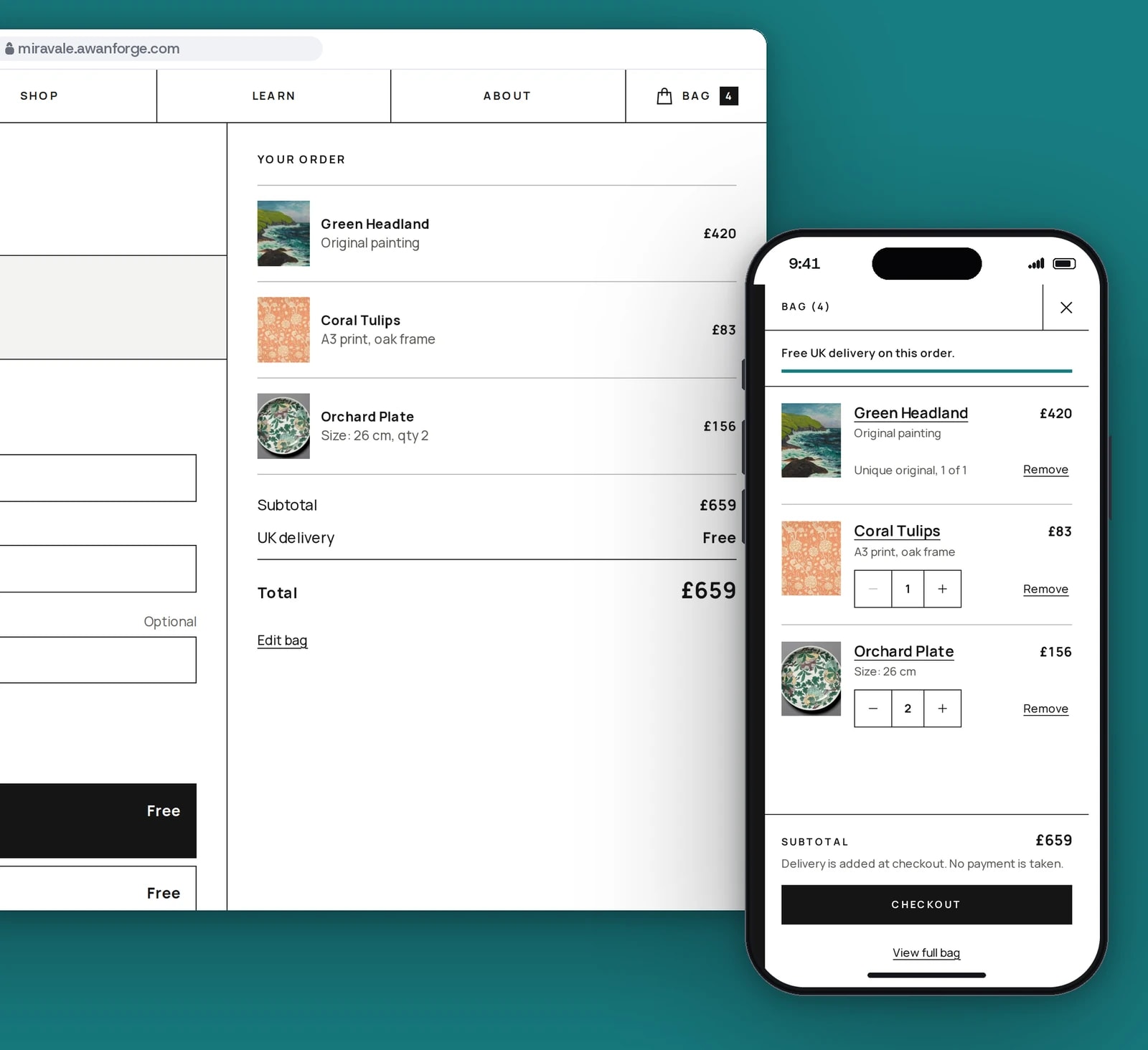 A browser window shows checkout with the contact form, delivery choices and the order summary, beside a phone showing the bag with three items and a subtotal of £659.