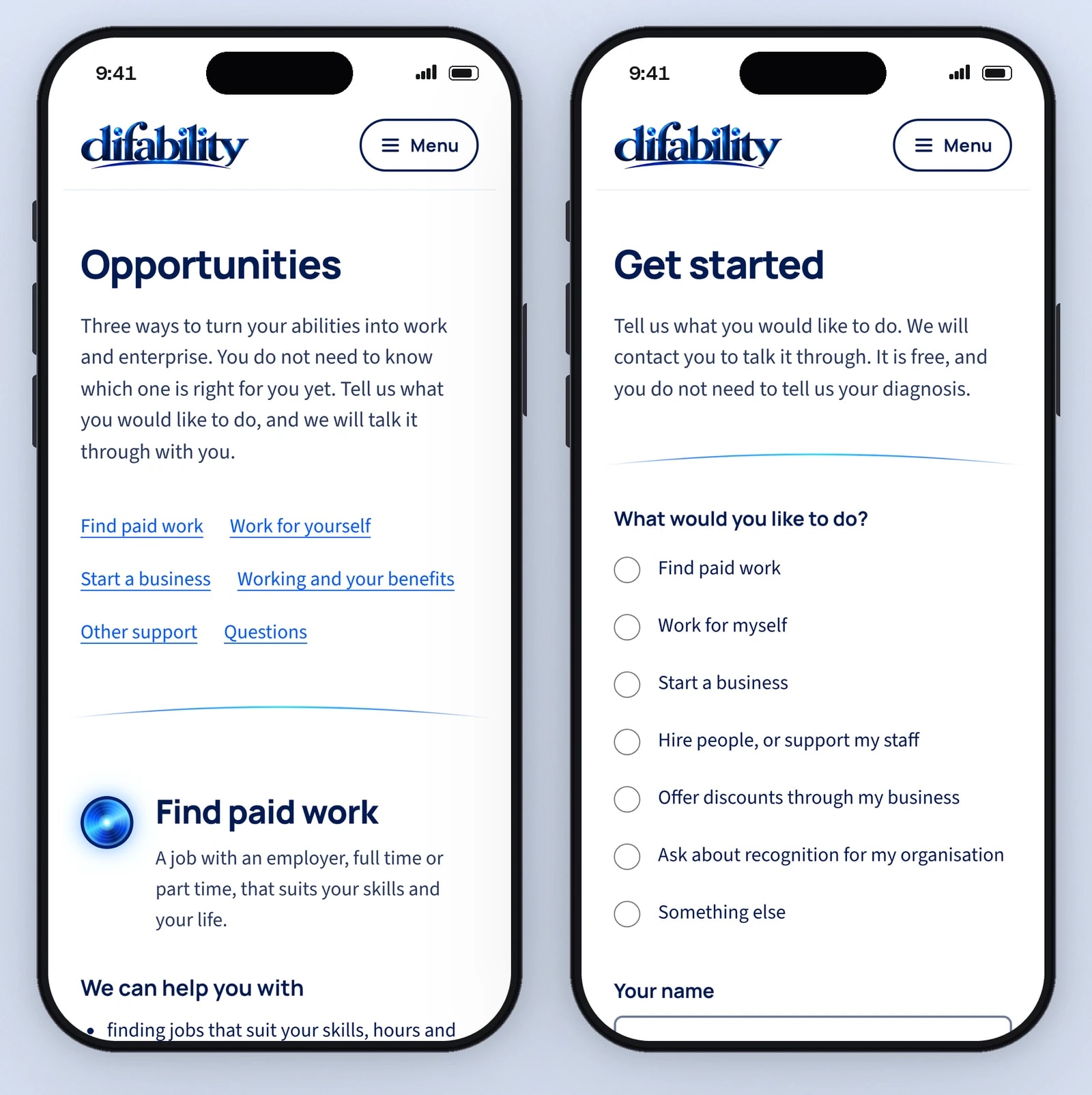 Two phones show the Opportunities page and the Get started form.