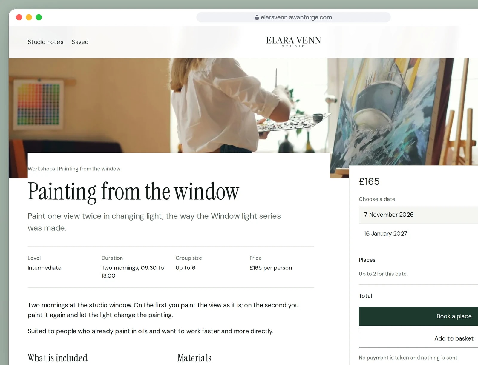 A browser window shows Painting from the window, with its level, duration, group size and price beside a booking panel listing two dates and the places left.