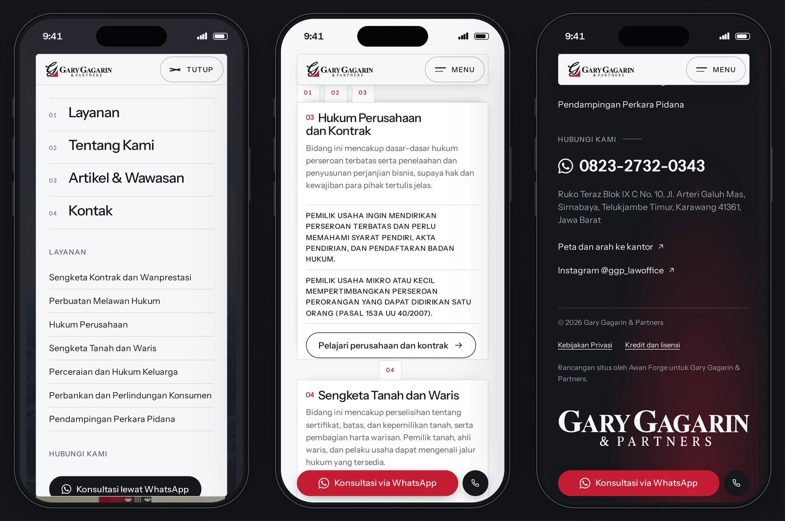 Three phones show the menu open over the page, the service cards stacked with numbered tabs, and the footer with the phone number, the office address and the firm’s name across the bottom.