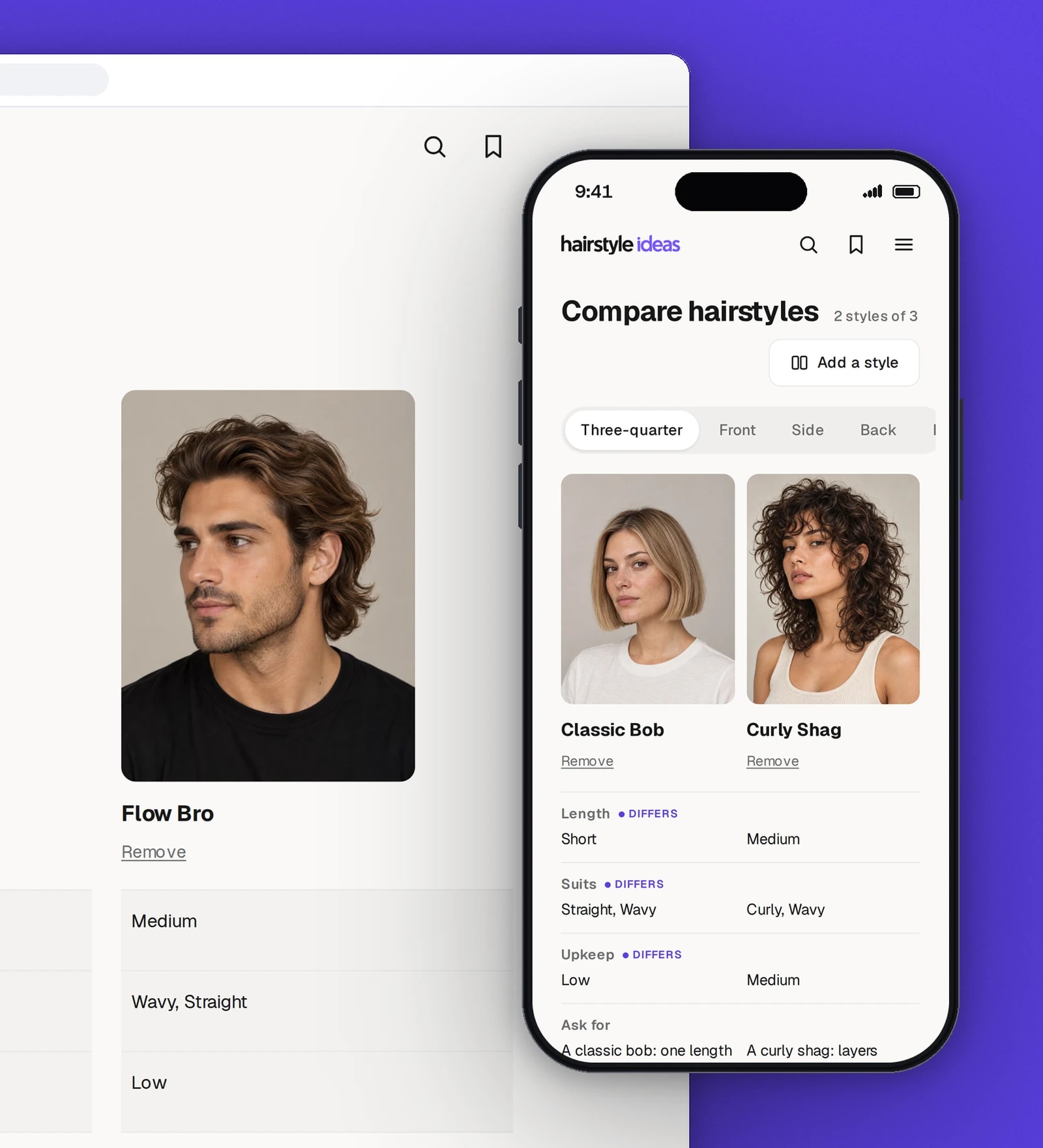 A browser window shows Textured Crop, Two Block and Flow Bro side by side at the three-quarter angle with Length, Suits and Upkeep marked Differs, beside a phone comparing Classic Bob and Curly Shag.