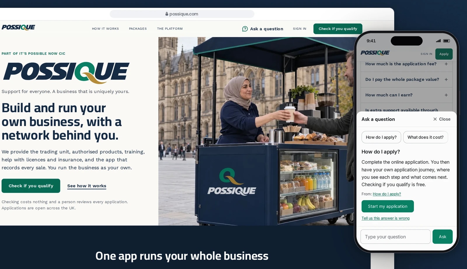 A browser window on possique.com shows the home page headline, Build and run your own business, with a network behind you, beside a picture of a POSSIQUE unit, and a phone shows the answer to How do I apply? with a Start my application button.