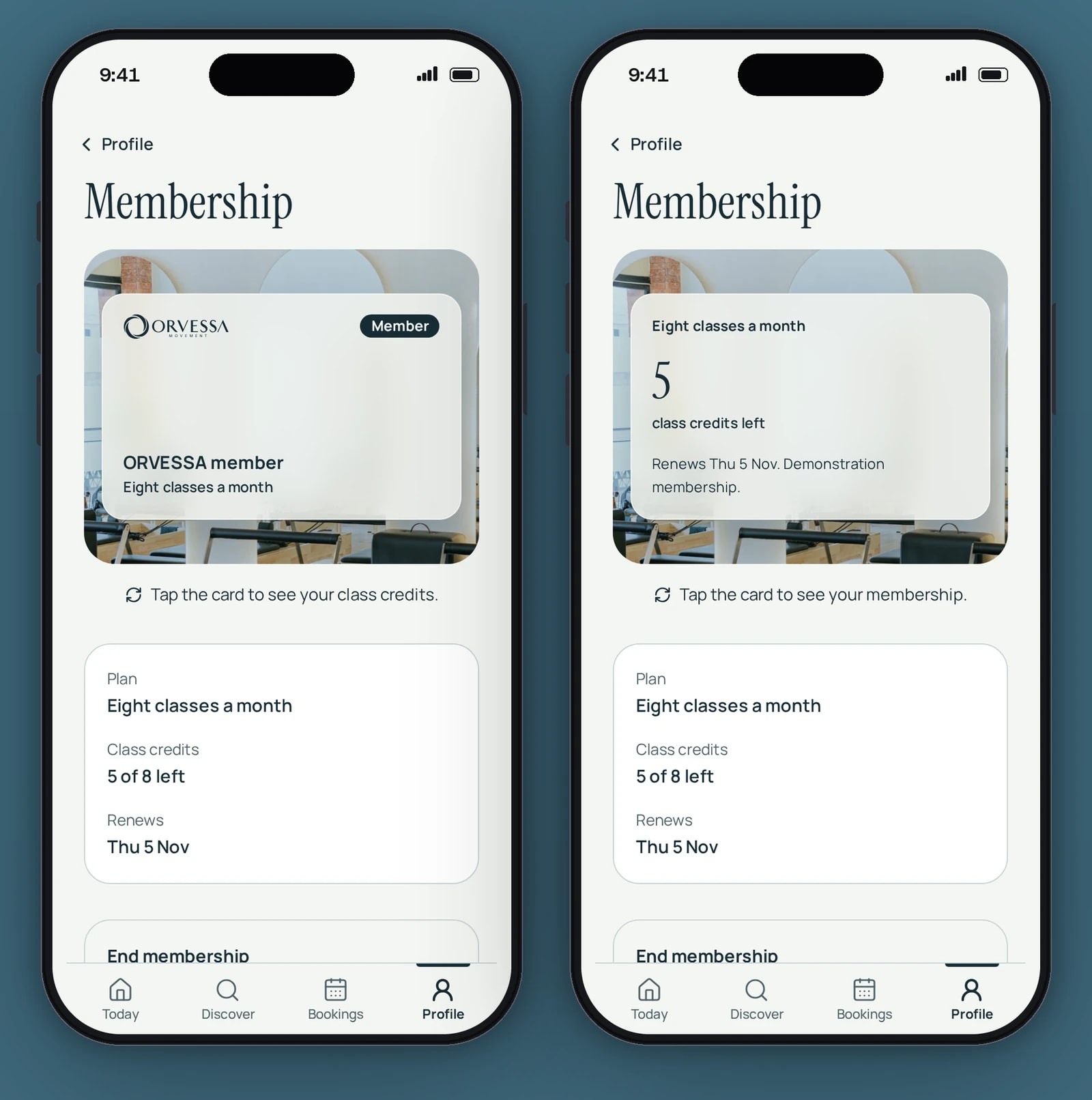 Two phones show the frosted membership card on its front, then turned over to show the class credits left and the renewal date.