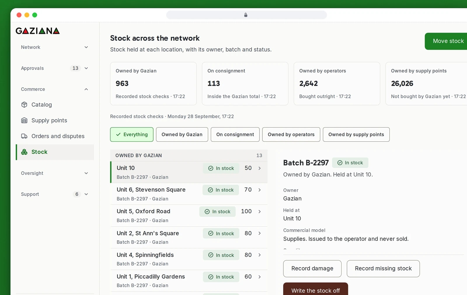 A browser window shows stock across the network filtered by owner, with one batch's details and buttons to record damage or missing stock.