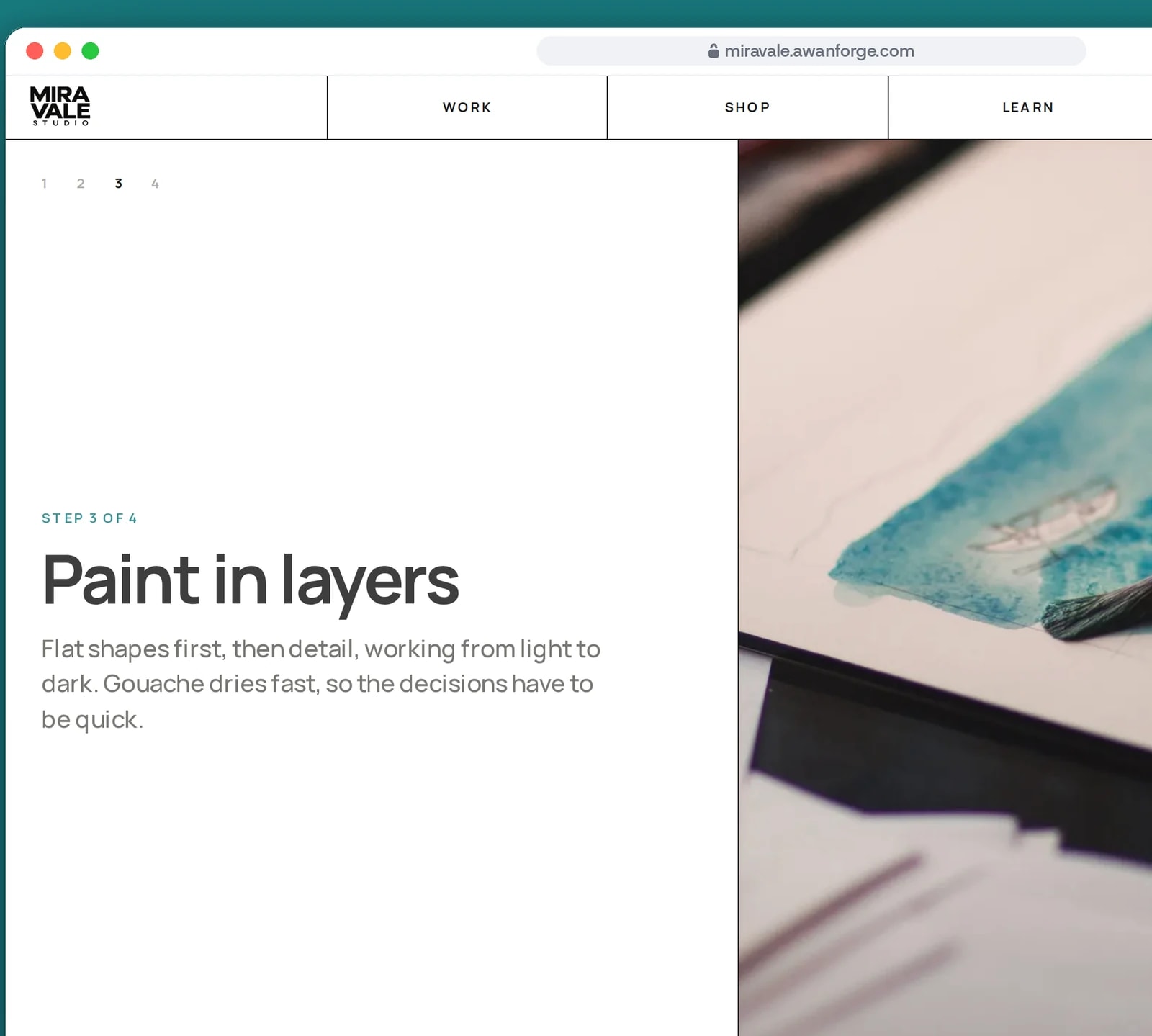 A browser window shows the About page’s pinned scene on step 3 of 4, Paint in layers, beside a photograph of a brush laying a teal wash.