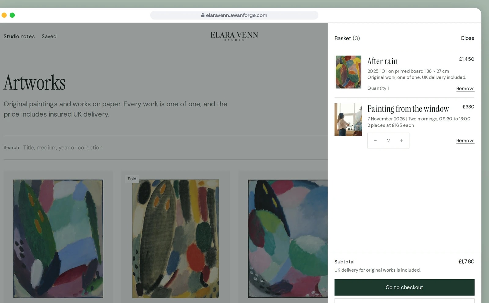 A browser window shows the basket drawer over the catalogue, holding After rain and two places on Painting from the window, with a subtotal of £1,780.