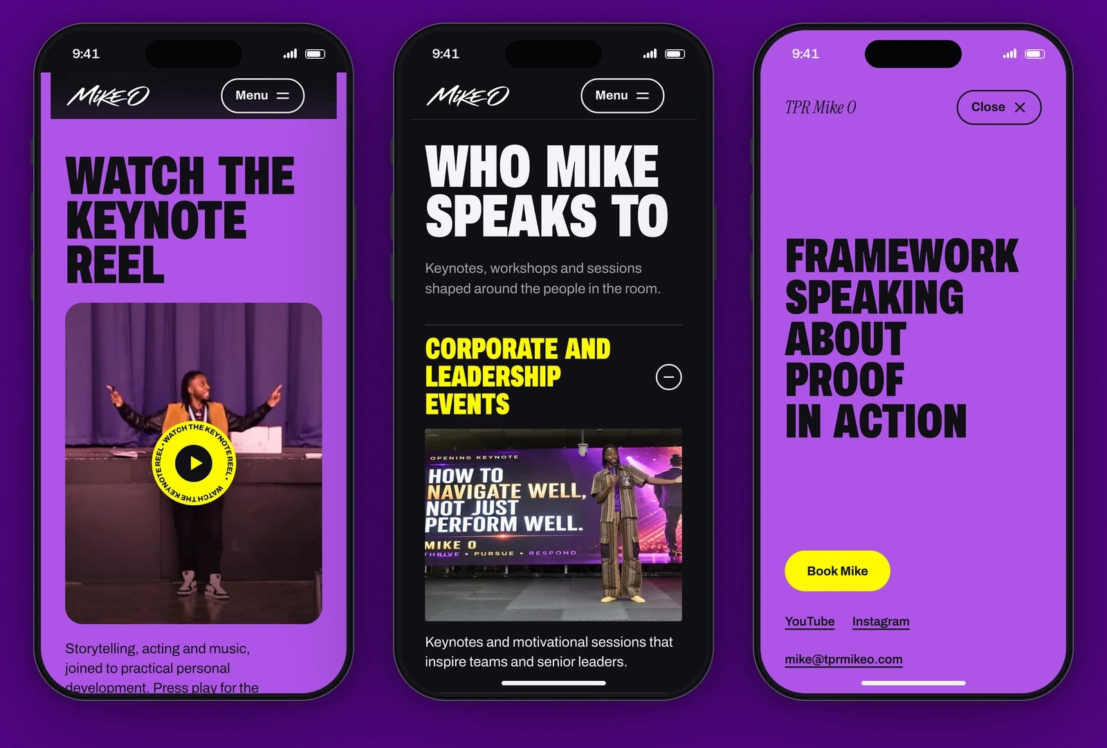 Three phones show the keynote reel with its play button, the audiences as an accordion with Corporate and leadership events open, and the full-screen menu.