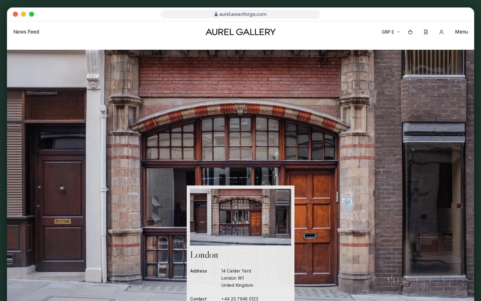 A browser window shows the London location: a photograph of a Victorian shopfront behind a card with the gallery’s address and phone number.