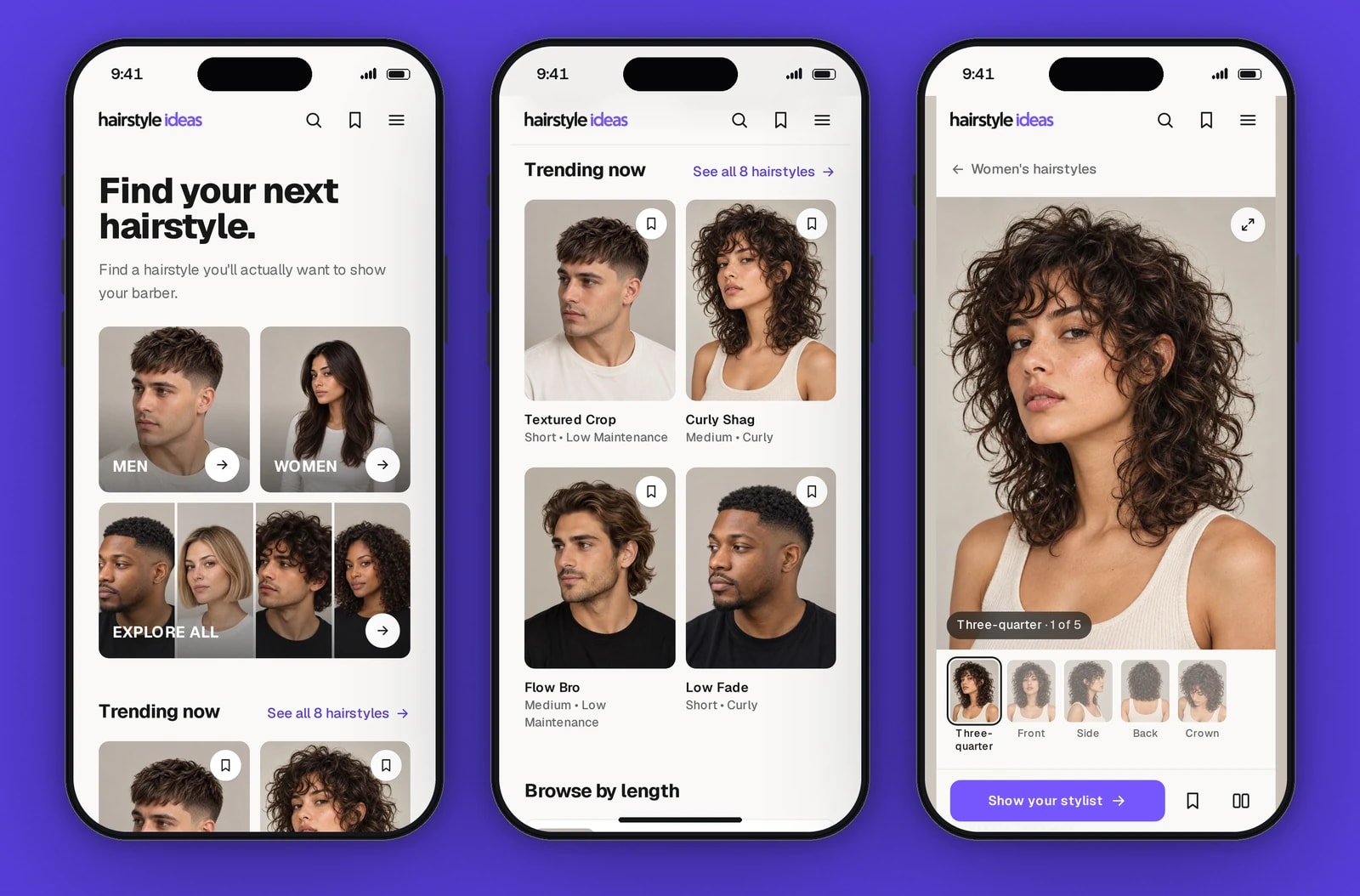 Three phones show the home page with the Men, Women and Explore All tiles, the Trending now list, and the Curly Shag style page with its action bar at the bottom.