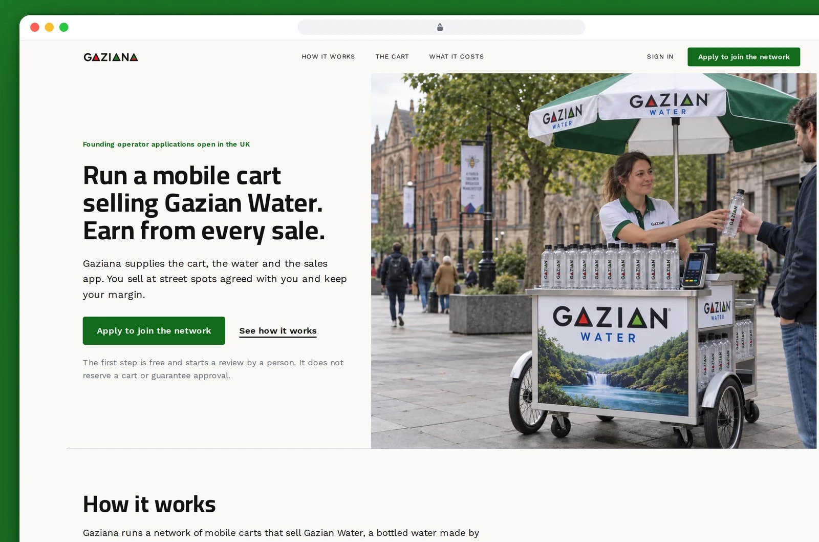 A browser window shows the public page for new operators, with the concept illustration of a cart and a button to apply.