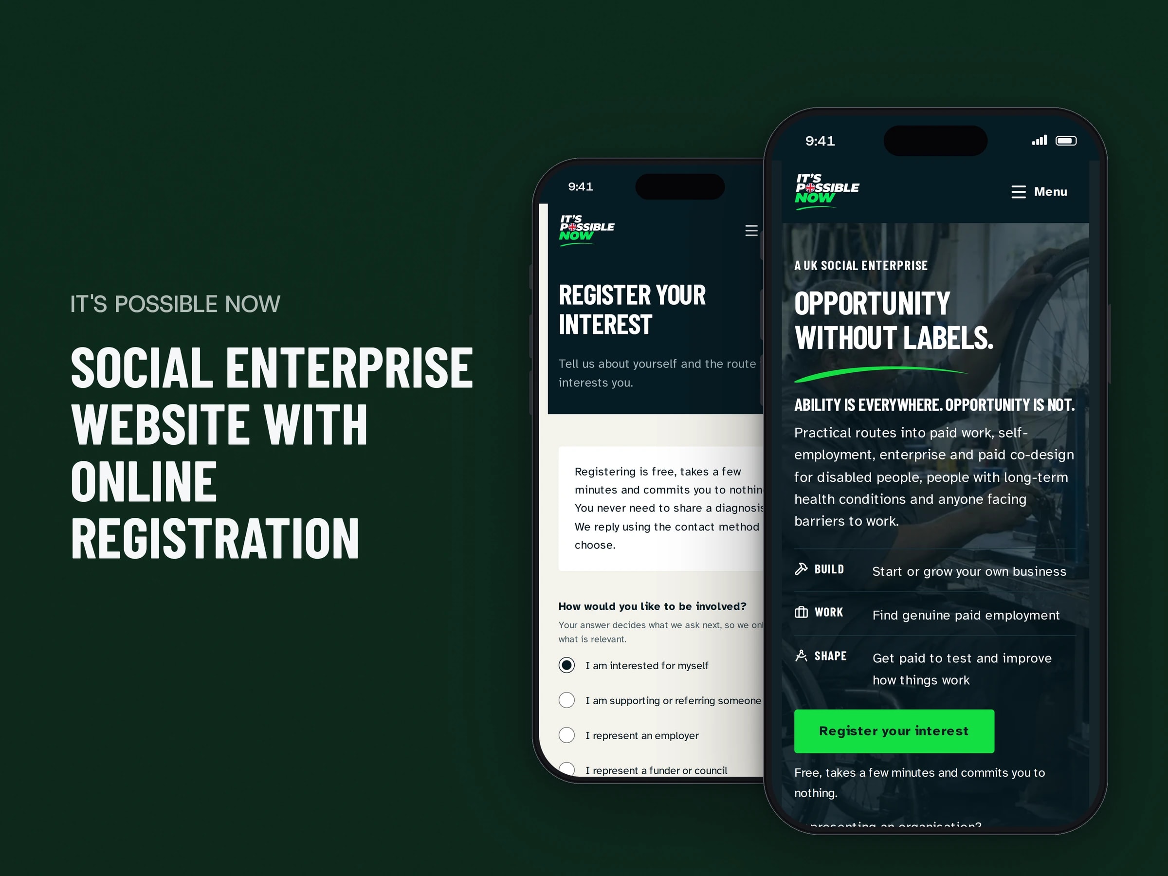 Social enterprise website with online registration