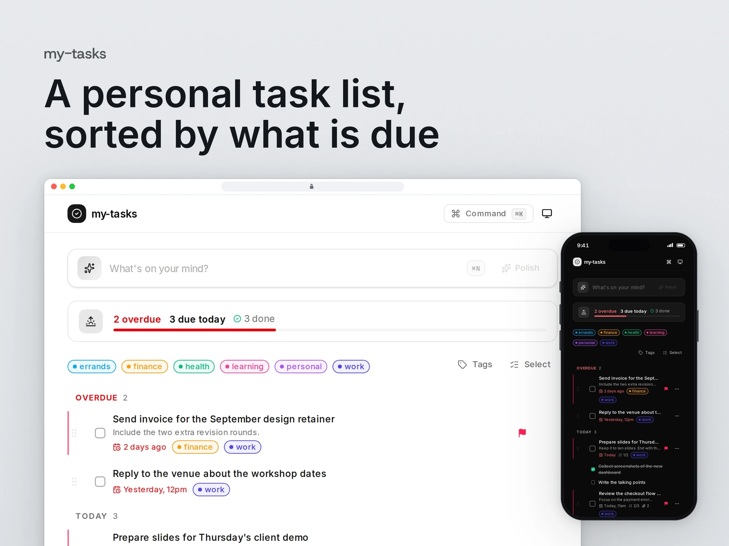 A personal task list, sorted by what is due