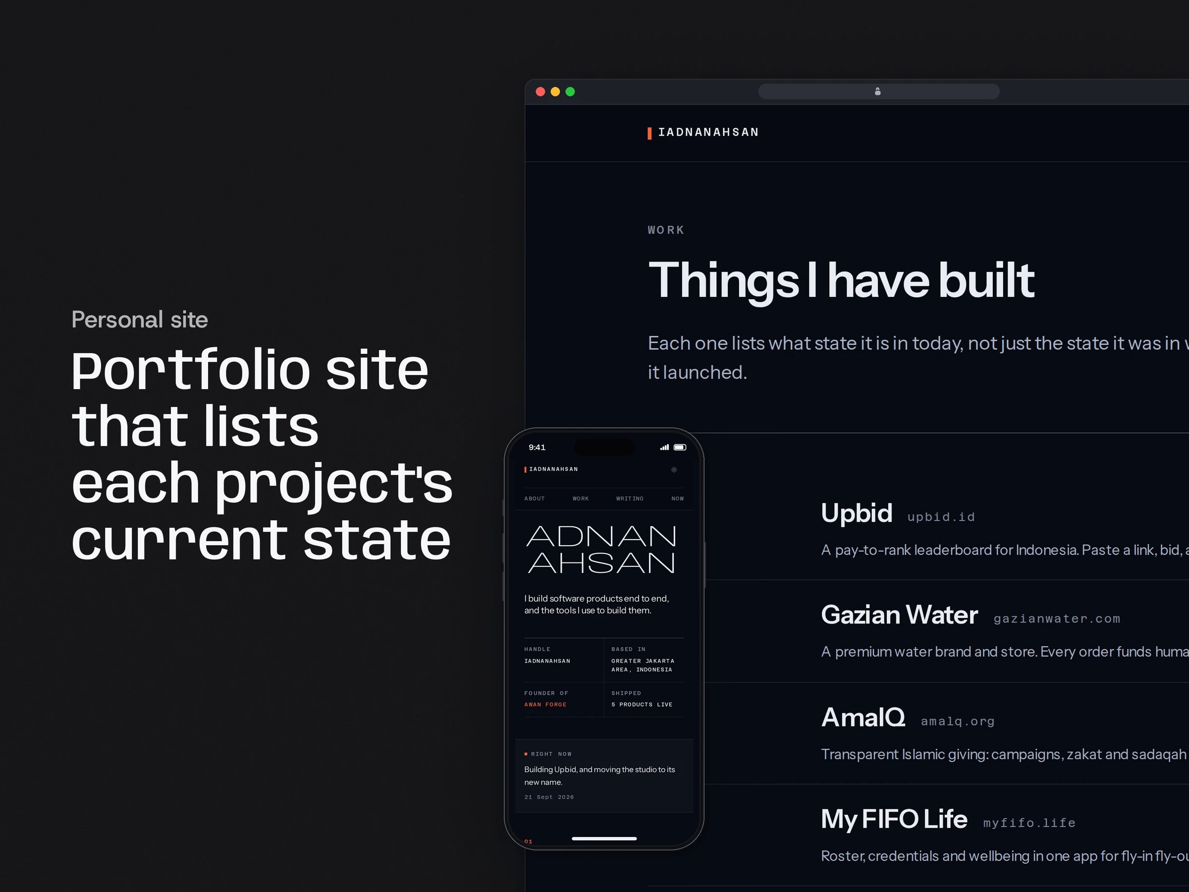Portfolio site that lists each project's current state