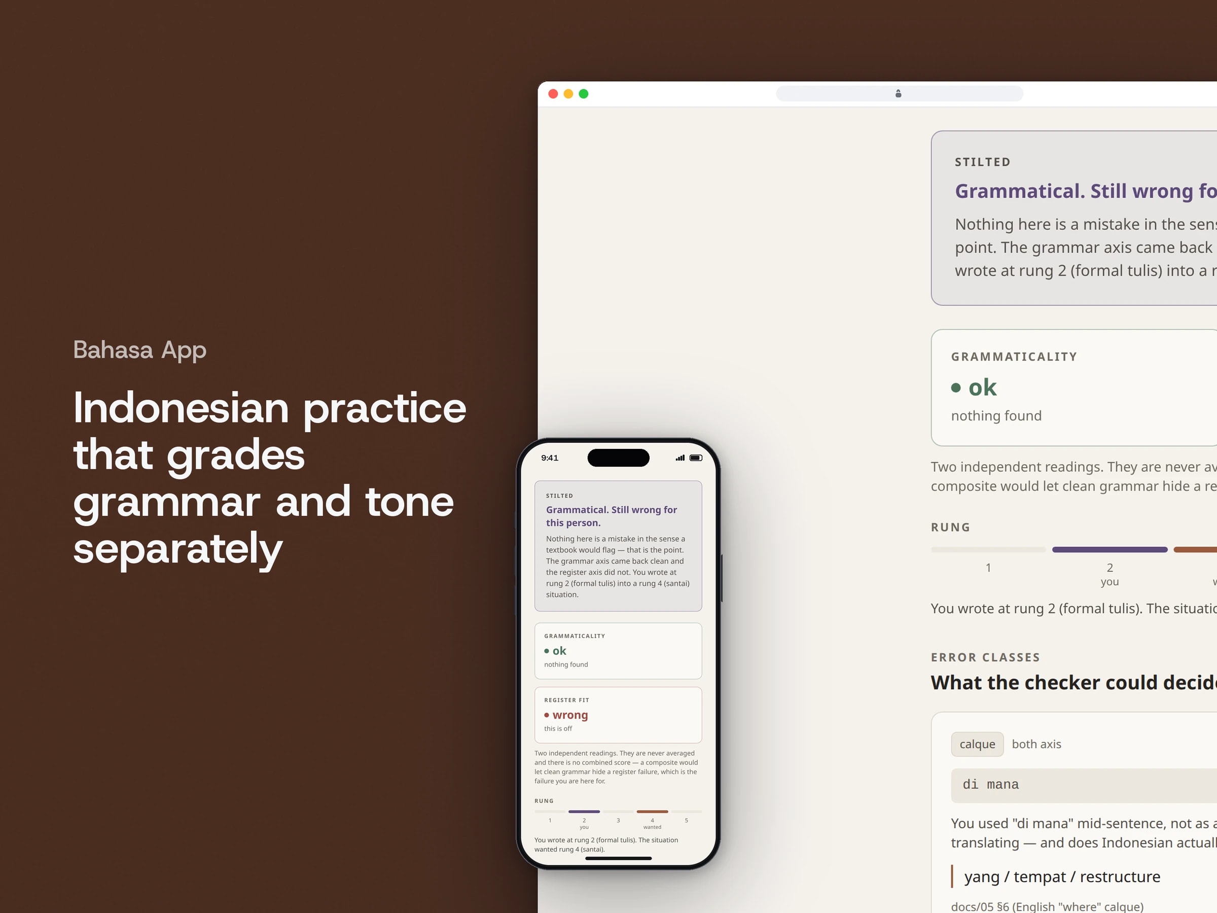 Indonesian practice that grades grammar and tone separately