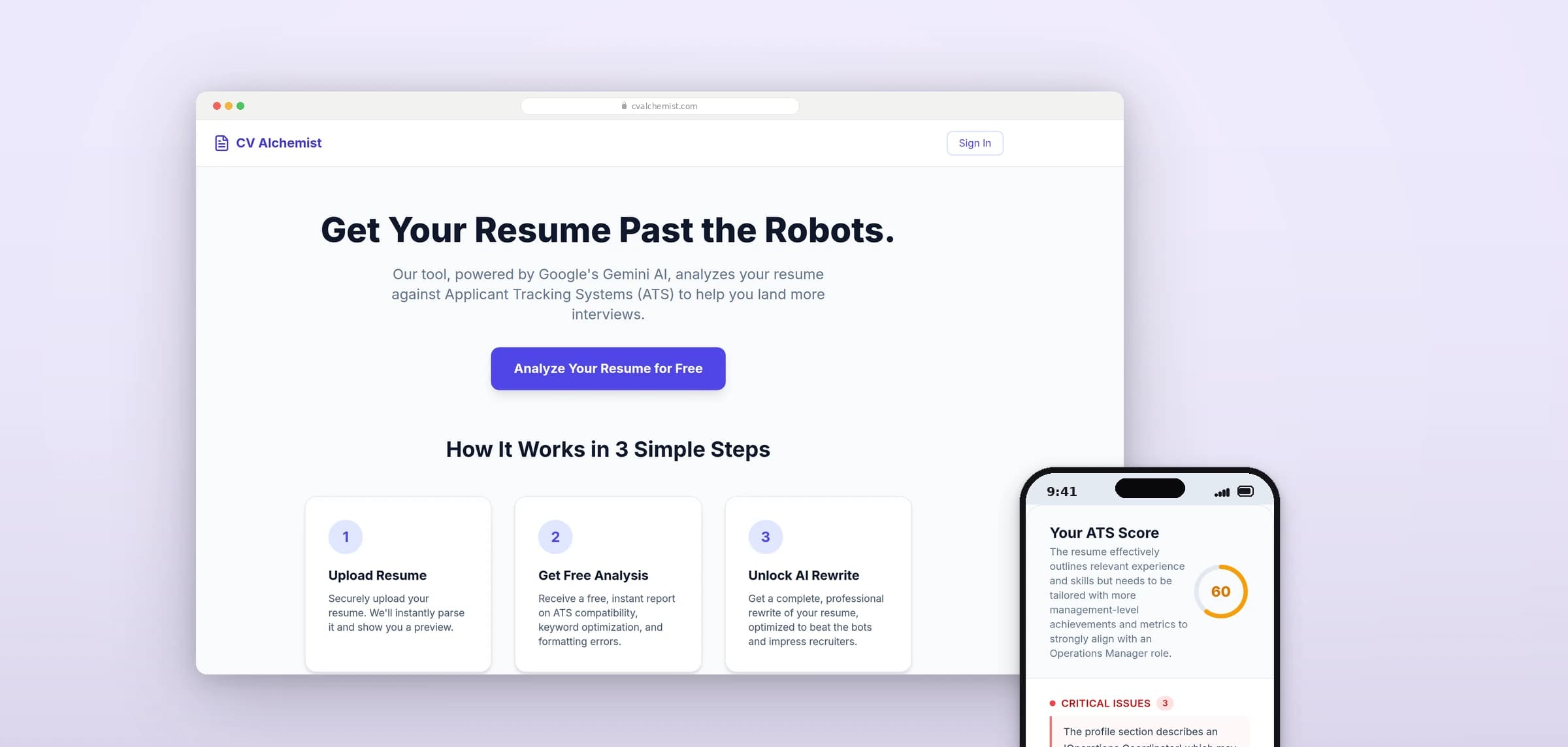 The CV Alchemist homepage beside an ATS report showing a score, improvements and strengths