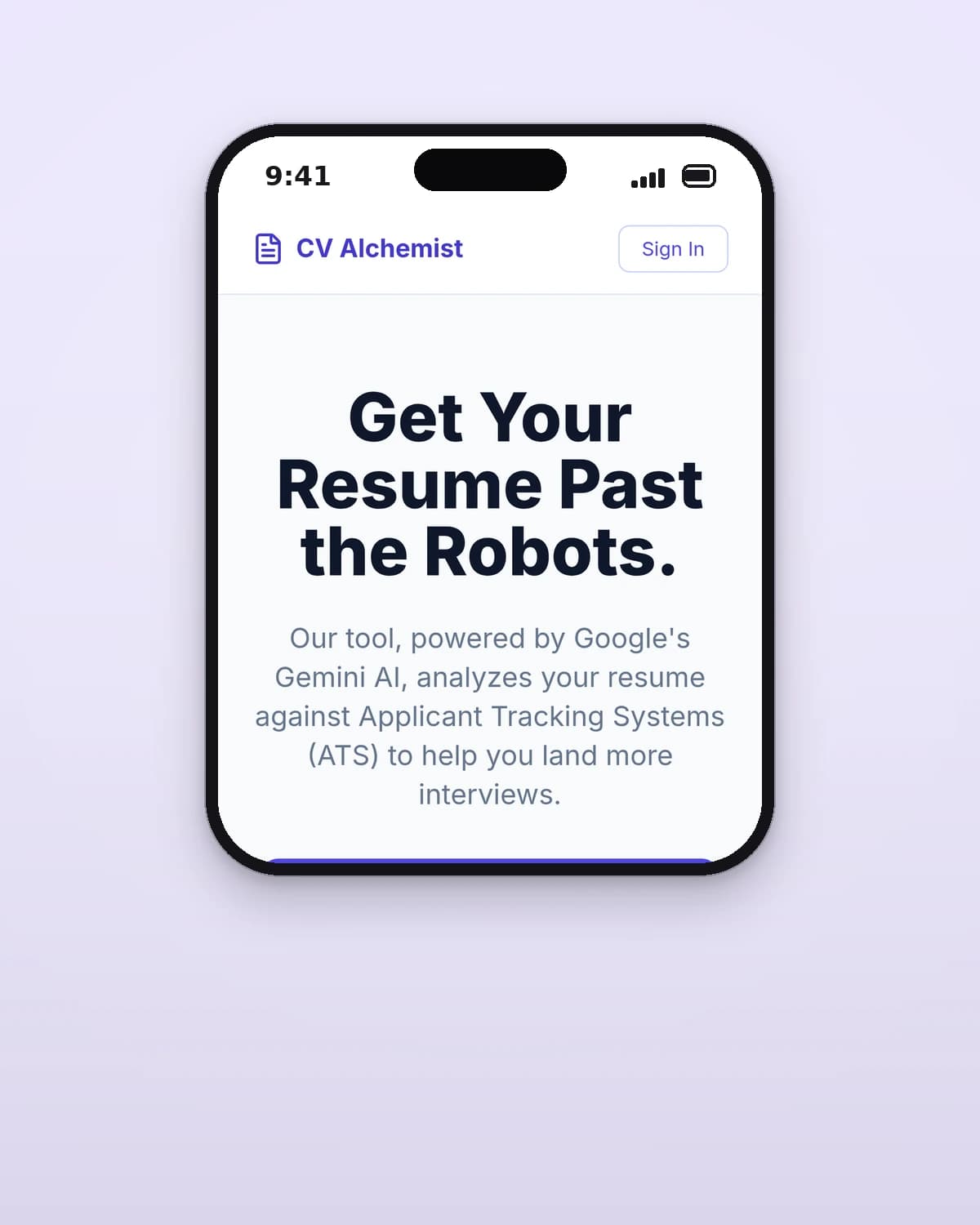 The CV Alchemist homepage on a phone with the headline Get Your Resume Past the Robots and the upload button