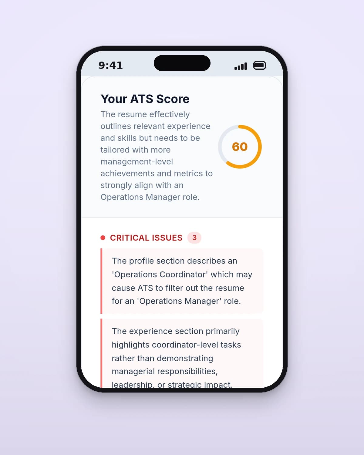 An ATS report showing a score of fifty out of a hundred, four improvements and three strengths, each written as a specific instruction