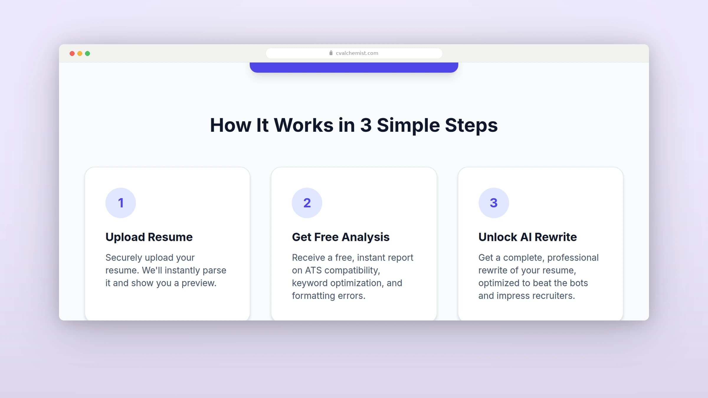 The three steps on the CV Alchemist homepage: upload resume, get free analysis, unlock AI rewrite